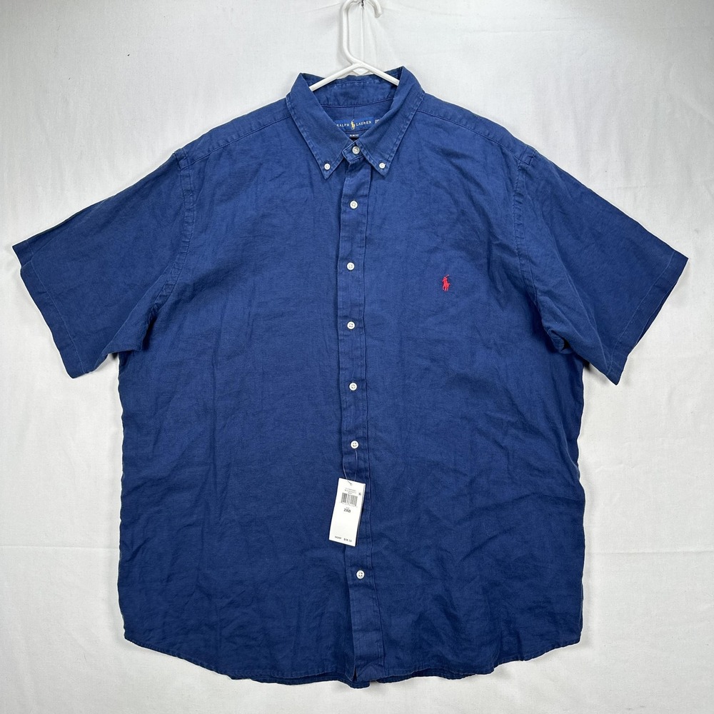 Ralph Lauren Linen Shirt Mens 2XB Big Blue Short Sleeve Button Down Slim Fit NWT